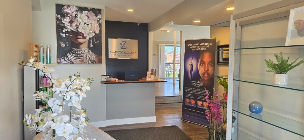 Maison Zolara Reception – Lansing MI Maison Zolara reception desk and lobby in Lansing Michigan medspa and beauty studio